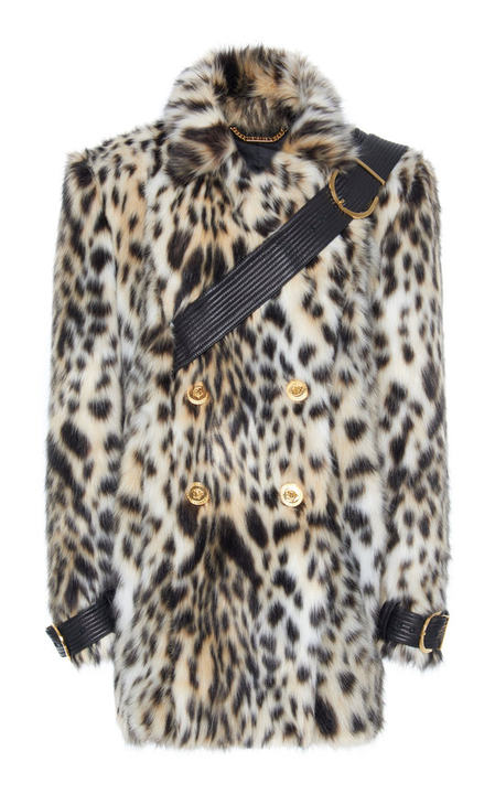 Double Breasted Leopard Printed Belted Faux Fur Coat展示图