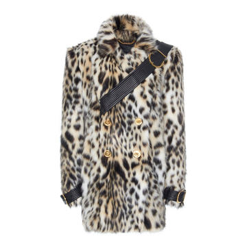 Double Breasted Leopard Printed Belted Faux Fur Coat