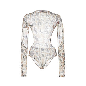 Printed Mesh Cutout Bodysuit