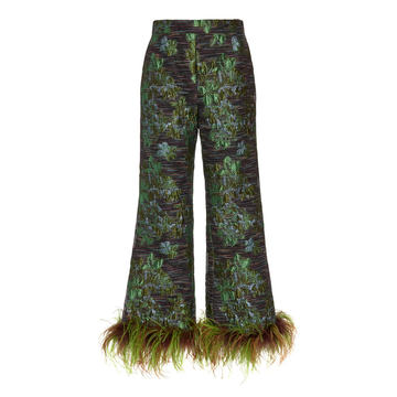 Winter Garden Feather-Trimmed Metallic Jacquard Pants