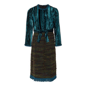 Fringe-Trimmed Mixed-Media Dress