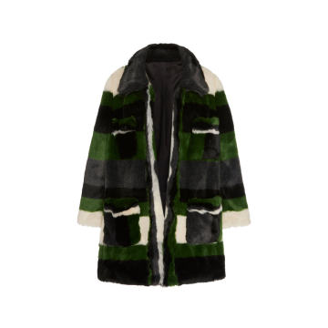 Color Blocked Stripe Faux Fur Coat