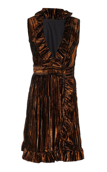 Ruffled Wrap-Effect Crinkle Metallic Velvet Dress展示图