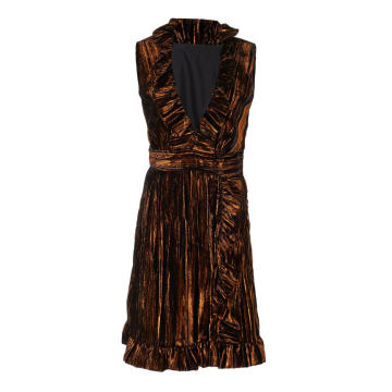 Ruffled Wrap-Effect Crinkle Metallic Velvet Dress