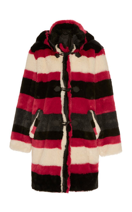 Hooded Striped Faux Fur Coat展示图