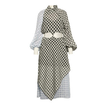 Nathalie Checkered Chiffon Colorblock Midi Dress