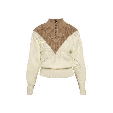 Vera Wool Varigated-Stitch Colorblocked Button-Neck Sweater