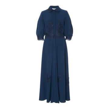 Embroidered Puff Sleeve Crepe Dress