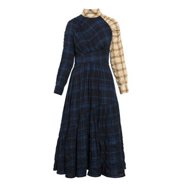 Natasha Ruched Blocked-Plaid Midi Dress