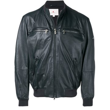 zipped-up leather jacket