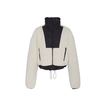 Drawstring-Waist Blocked Shearling Bomber Jacket