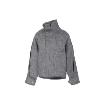 Snap-Collar Zip-Sleeve Tweed Blouse
