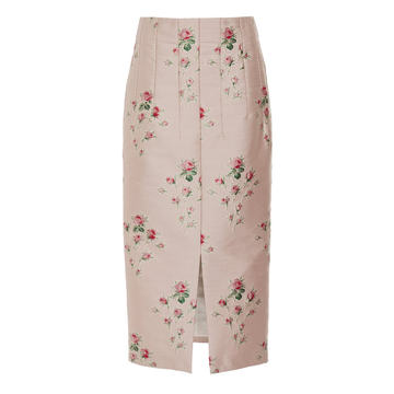 Pectolite Floral-Embroidered Duchess Satin Pencil Skirt