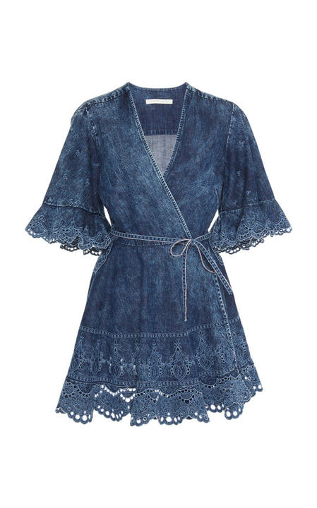 Acid-Wash Denim Wrap Mini Dress展示图