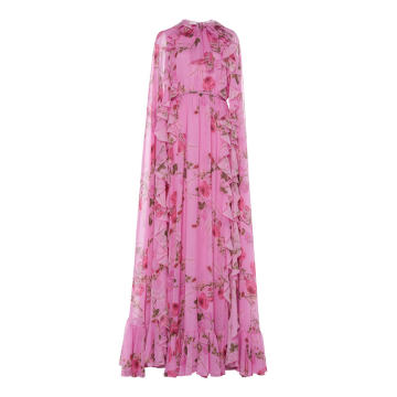 Floral Printed Silk Cape Gown