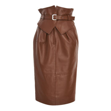 High-Rise Belted Leather Midi Skirt