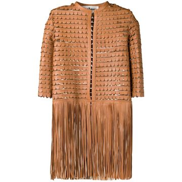 leather embroidered coat with fringes