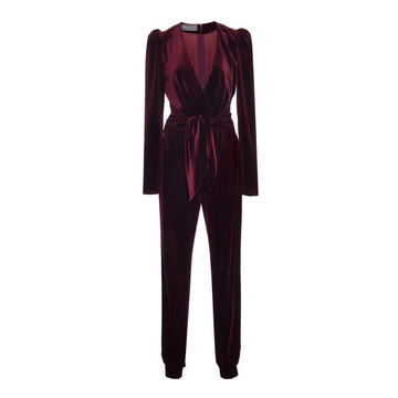 V-Neck Tie Waist Velour Jumpsuit