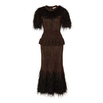 Faux Feather-Paneled Metallic Stretch-Knit Midi Dress