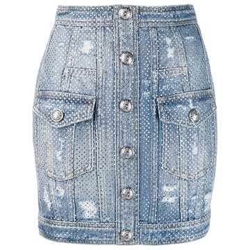 distressed rhinestone denim skirt