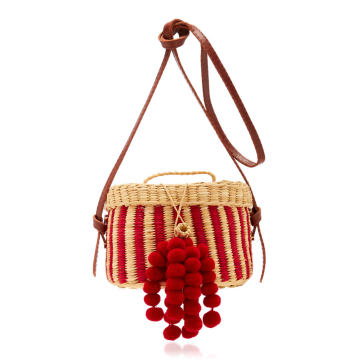 Kiki Small Striped Pompom-Embellished Raffia Shoulder Bag