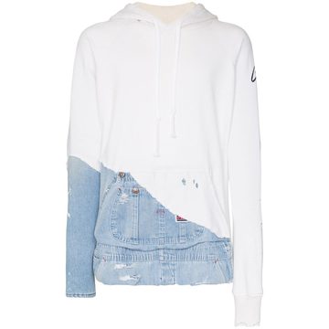 distressed denim-trimmed hoodie