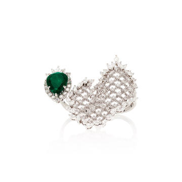 Double-Finger Diamond And Emerald Cage Ring