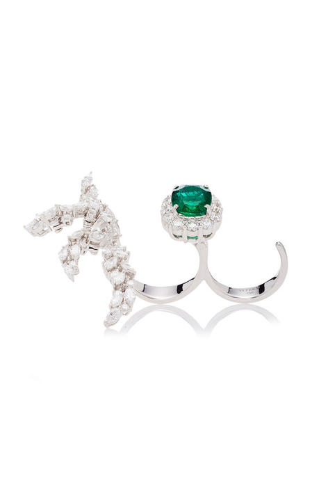 Vine Double-Finger Diamond And Emerald Ring展示图