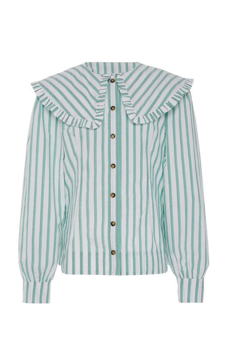 Striped Ruffle-Trim Cotton Poplin Shirt展示图