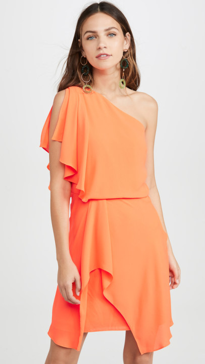 荧光橙色单肩连衣裙展示图