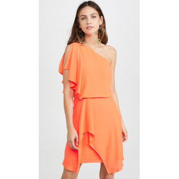 荧光橙色单肩连衣裙