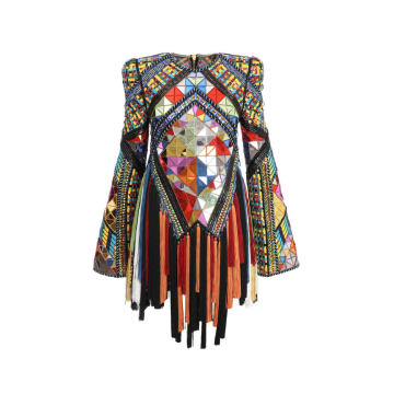 Fringed Embroidered Patchwork Mini Dress