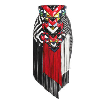 Fringed Patchwork Embroidered Silk Skirt