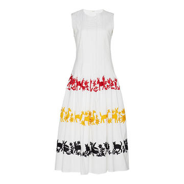 Embroidered Pleated Cotton-Blend A-Line Dress