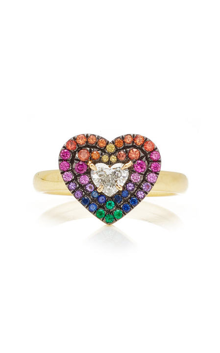 18k yellow gold heart ring with sapphires and diamonds展示图