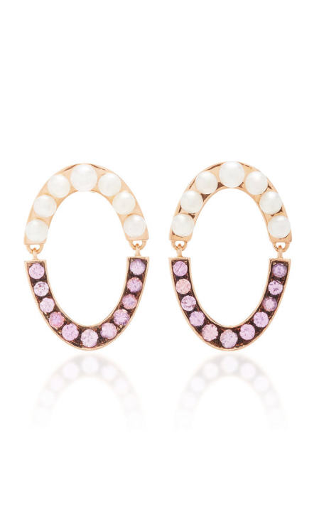 18k rose gold oval drop earrings with pink sapphires and pearls展示图
