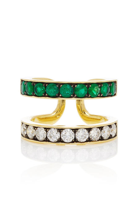 18k yellow gold double band ring with emeralds and diamonds展示图