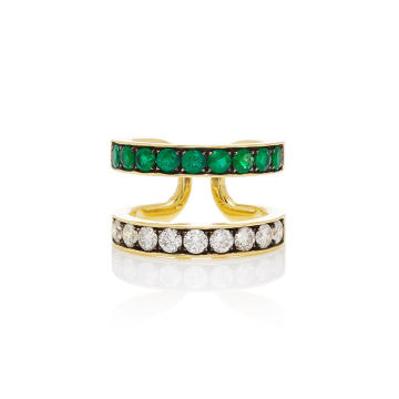 18k yellow gold double band ring with emeralds and diamonds