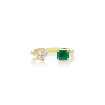 One of a Kind 18k yellow gold emerald and diamond open ring