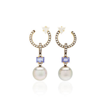 18k gold pave hoops with tahitian pearl drops