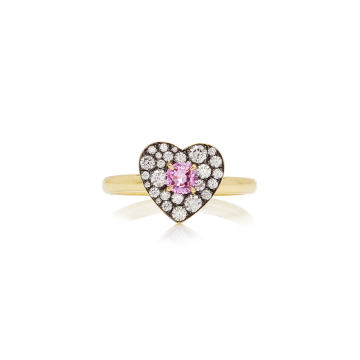 18k yellow gold heart ring with pink sapphire and diamonds