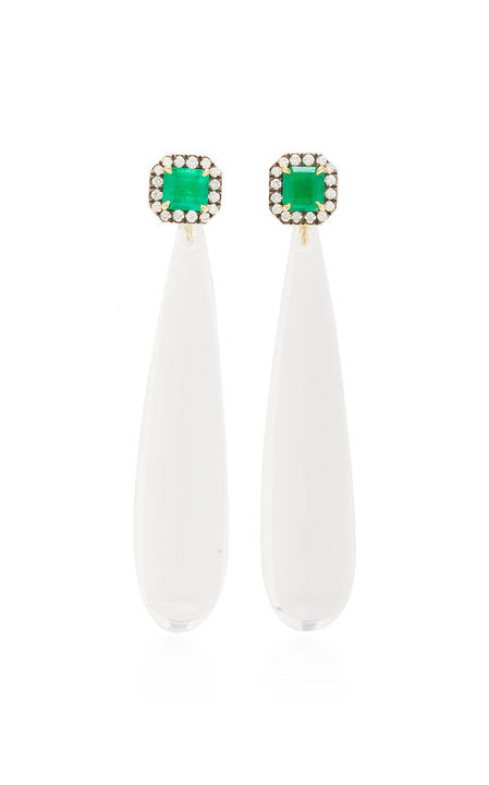 18k rock crystal drop earrings with emerald studs展示图