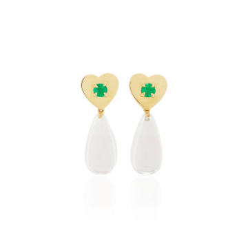 18k heart post earrings with rock crystal drops