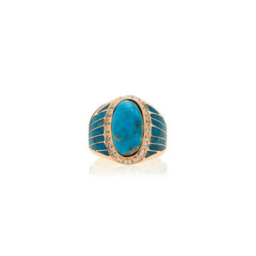 Pave Oval Turquoise Inlay Striped Ring