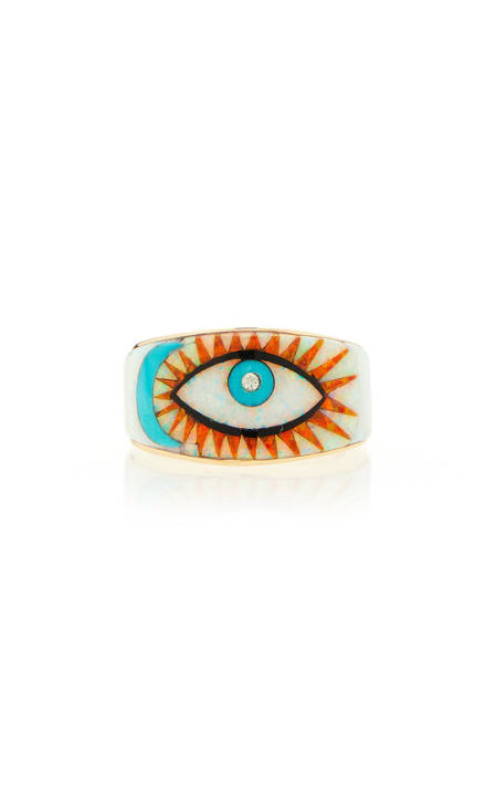 Opal Inlay Crescent Eye Diamond Center Band Ring展示图
