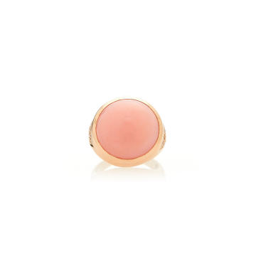 Pave Side Round Pink Opal Signet Ring