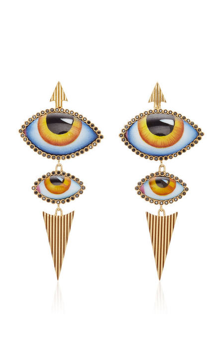 14K Gold Yellow Enamel Eye and Diamond Earrings展示图