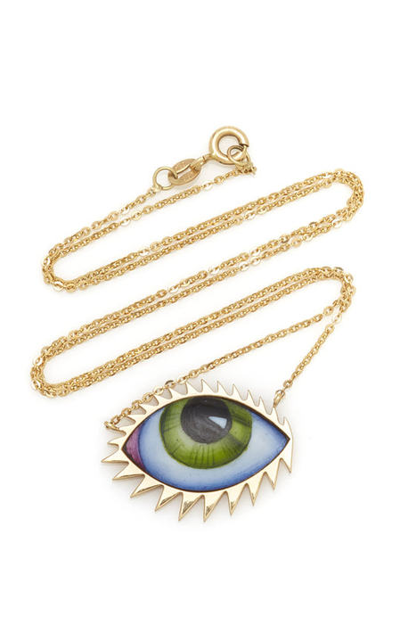 14K Gold Large Green Enamel Eye Necklace展示图