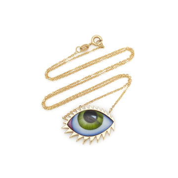 14K Gold Large Green Enamel Eye Necklace
