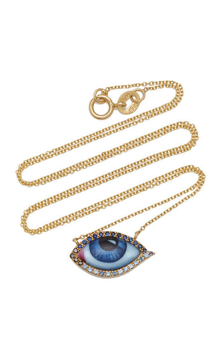 14K Gold Small Blue Diamond And Sapphire Enamel Eye Necklace展示图